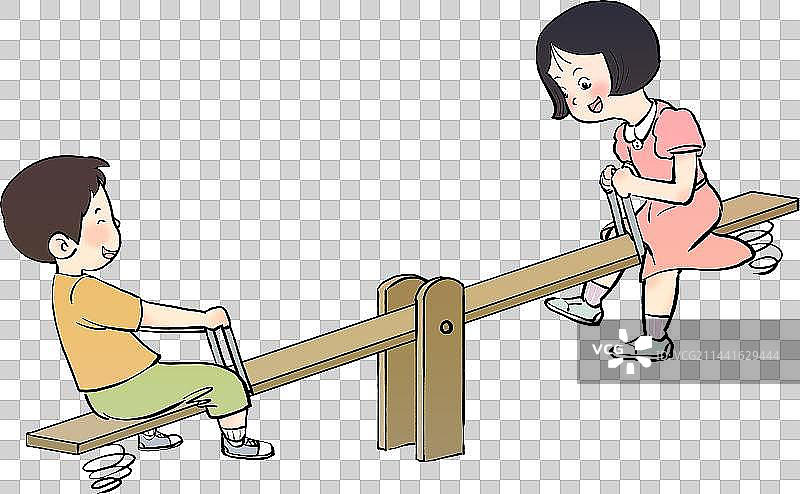 卡通六一儿童节男孩女孩玩跷跷板节日插画图片素材