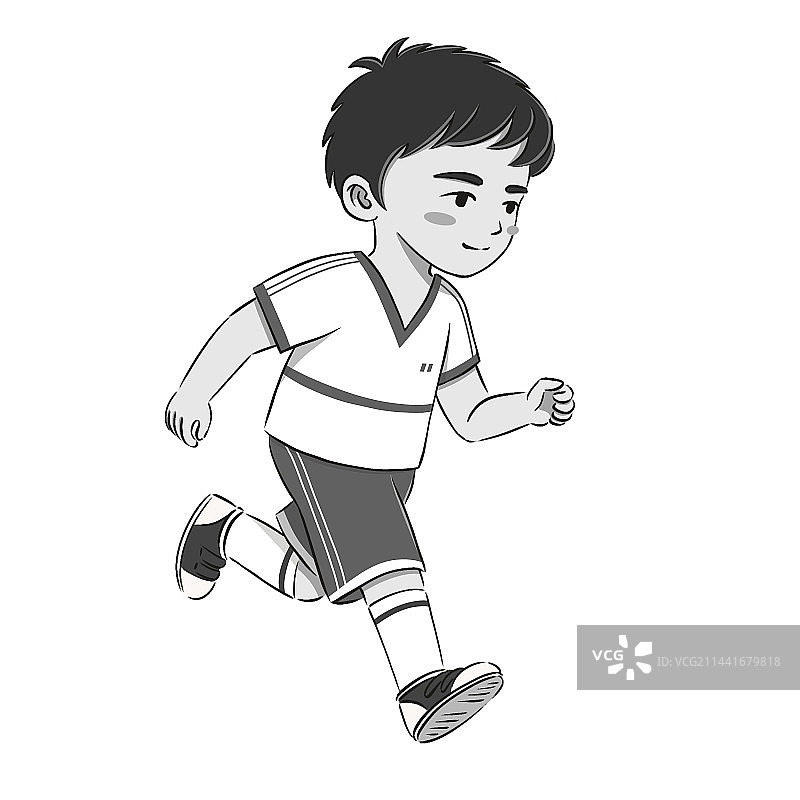 身穿运动服的小学生跑步单人图（黑白）图片素材