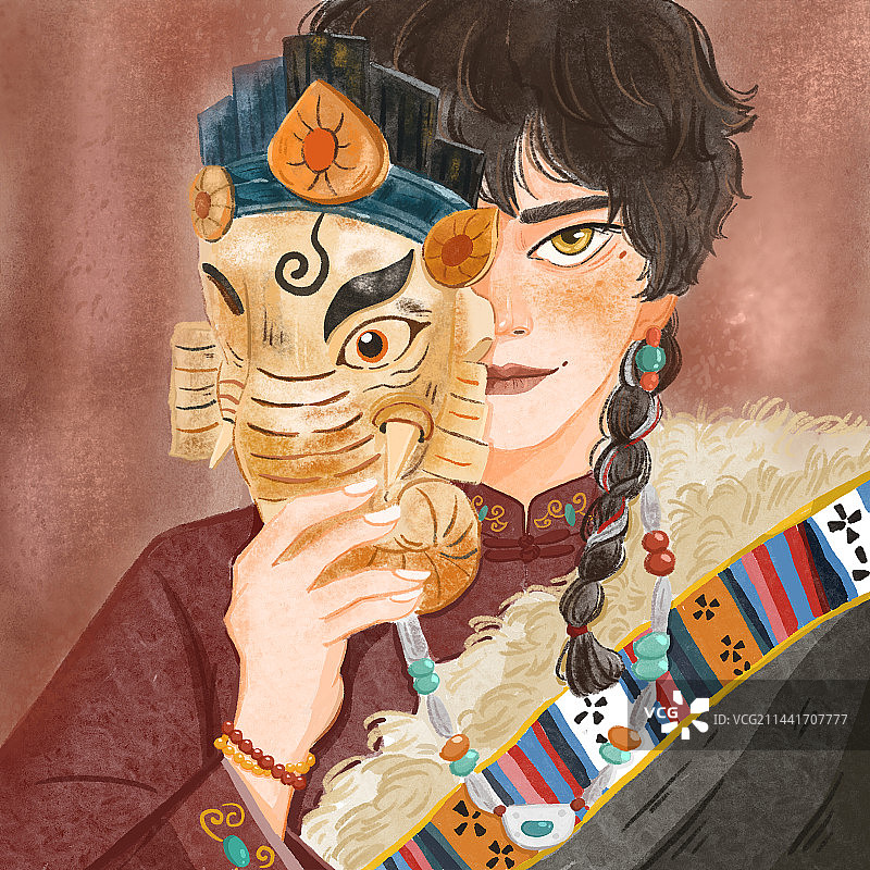 藏族少年手绘风插画图片素材