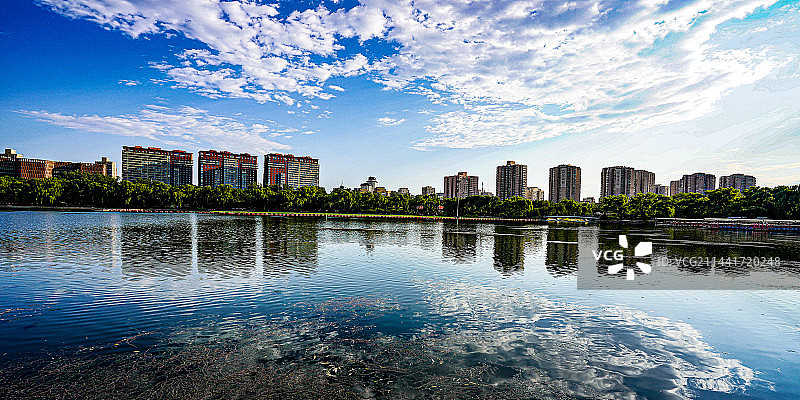 夏日蓝天白云城市建筑倒映在水中湖面，北京美丽的城市景观图片素材