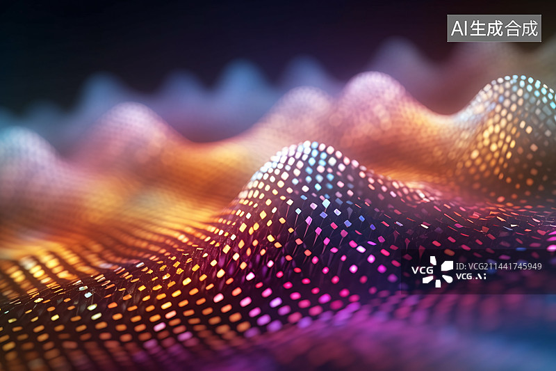 【AI数字艺术】网络科技背景,发光粒子的动态波。数据流信息。数字通信概念。大数据可视化。3D渲染。图片素材