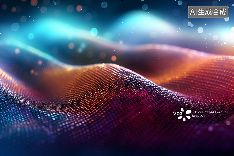 【AI数字艺术】网络科技背景,发光粒子的动态波。数据流信息。数字通信概念。大数据可视化。3D渲染。图片素材