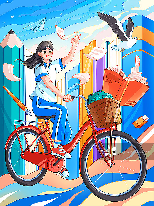 开学季校园生活女孩骑着自行车图片素材