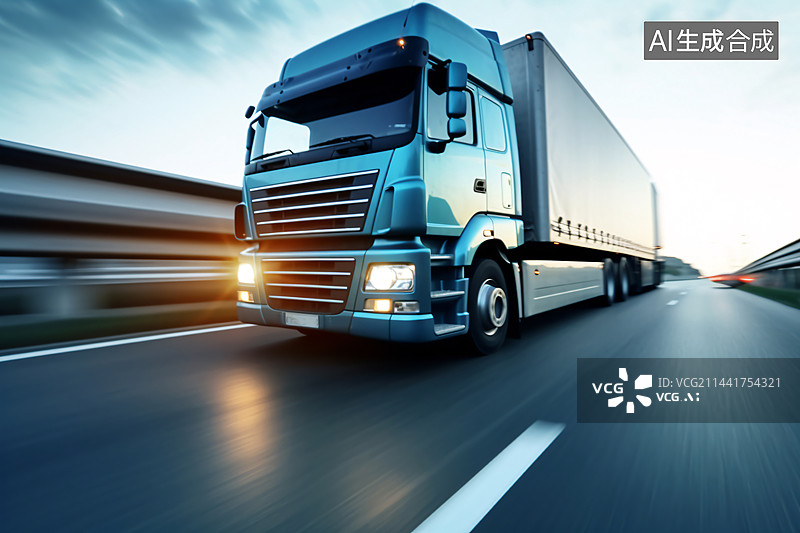【AI数字艺术】大卡车在高速公路上移动速度，普通大卡车在高速公路上飞驰,图片素材