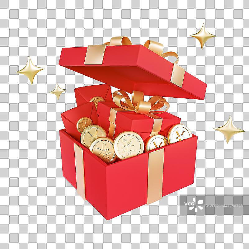 3D立体红色礼盒金币元素图片素材