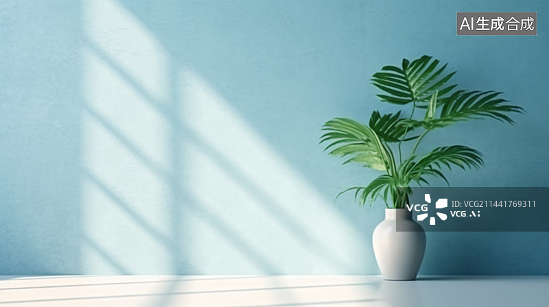 【AI数字艺术】阳光照射进空房间 3D渲染，明亮的房间有蓝色的墙壁。异国情调的室内植物。图片素材