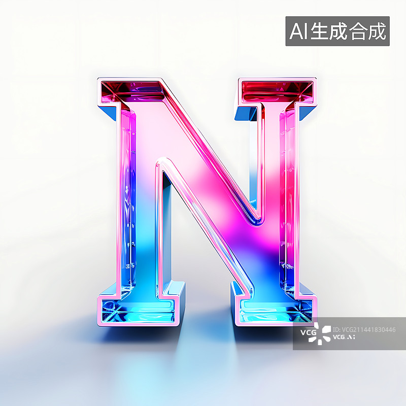【AI数字艺术】大写字母N透明玻璃质感全息色彩三维立体元素图片素材