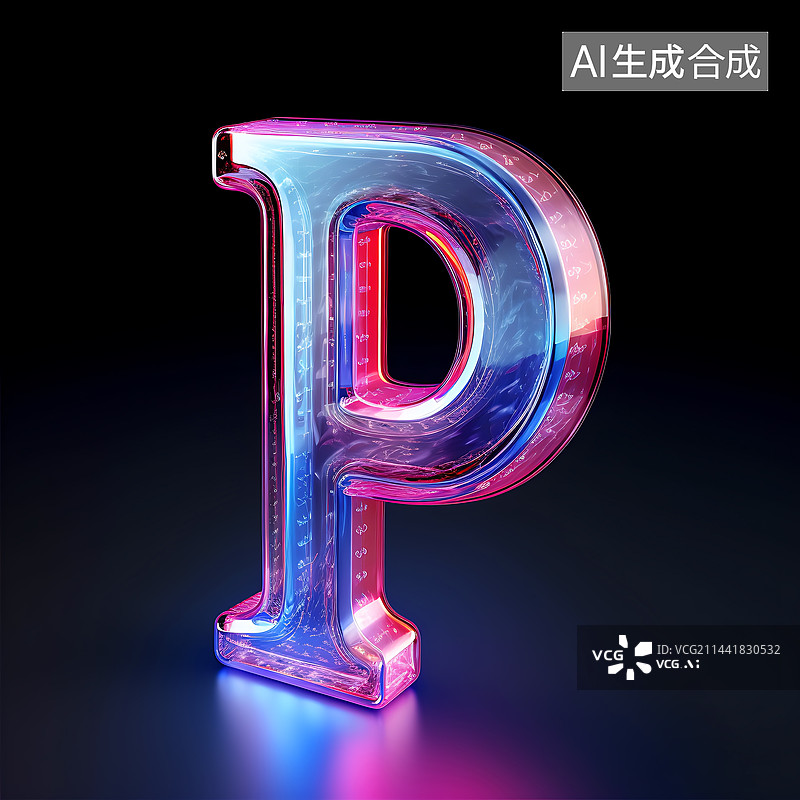 【AI数字艺术】大写字母P透明玻璃质感全息色彩三维立体元素图片素材