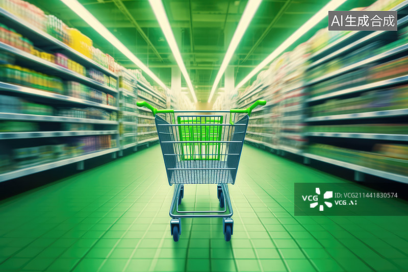 【AI数字艺术】超市过道有空的购物车，超市购物车在放满商品的动态模糊效果的货架中间图片素材