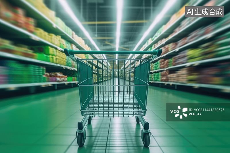 【AI数字艺术】超市过道有空的购物车，超市购物车在放满商品的动态模糊效果的货架中间图片素材