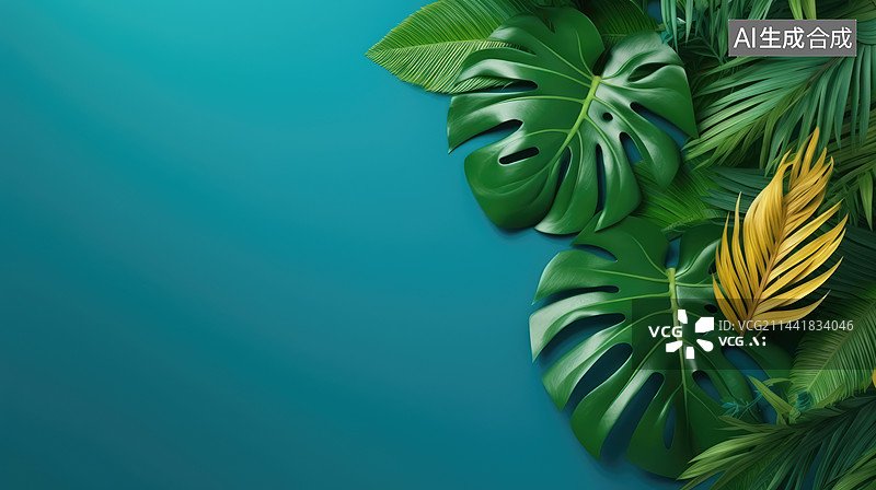 【AI数字艺术】整个成熟的热带水果的顶视图与绿色叶子在蓝色背景图片素材