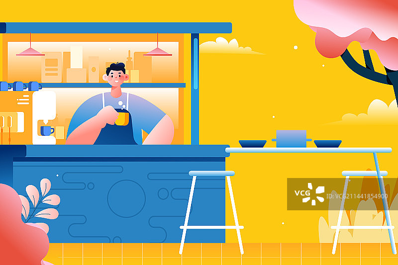 卡通美食餐饮小吃街购物消费券网购逛街亲子游家人家庭情侣下午茶约会奶茶饮料吃饭生日派对庆祝渐变矢量插画图片素材