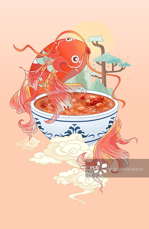节日腊八节喝腊八粥锦鲤国潮风唯美插画图片素材