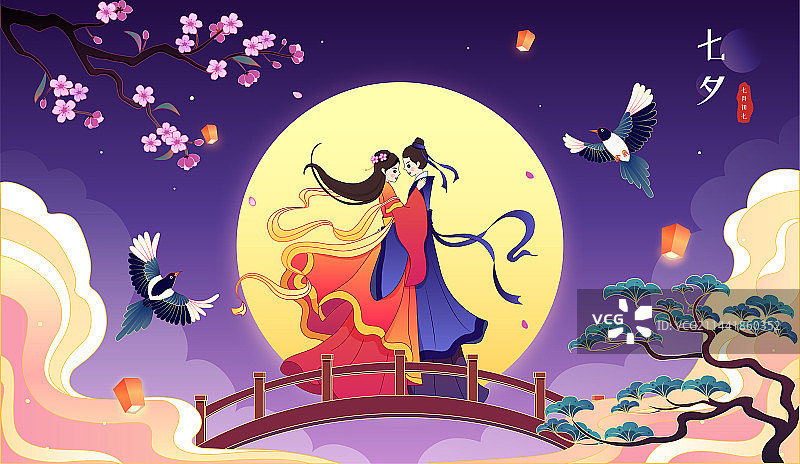 七夕节牛郎织女国潮矢量插画图片素材