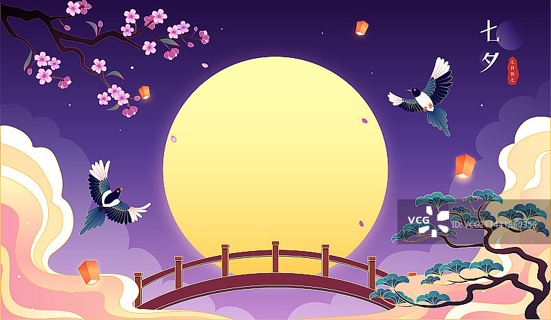 七夕节牛郎织女国潮矢量插画图片素材