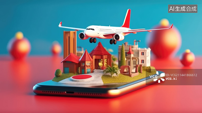 【AI数字艺术】用手机购买机票飞去旅游插画图片素材