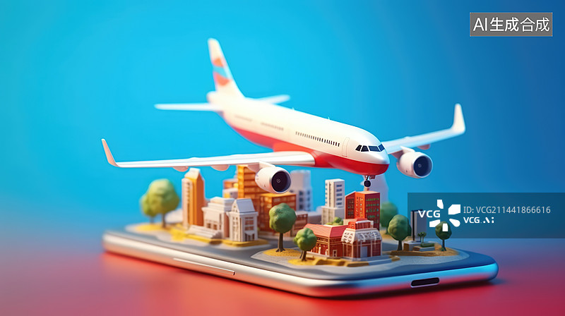 【AI数字艺术】用手机购买机票飞去旅游插画图片素材
