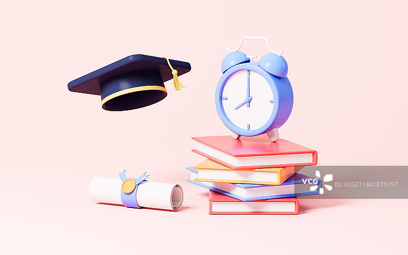 卡通毕业帽和书本3D渲染图片素材