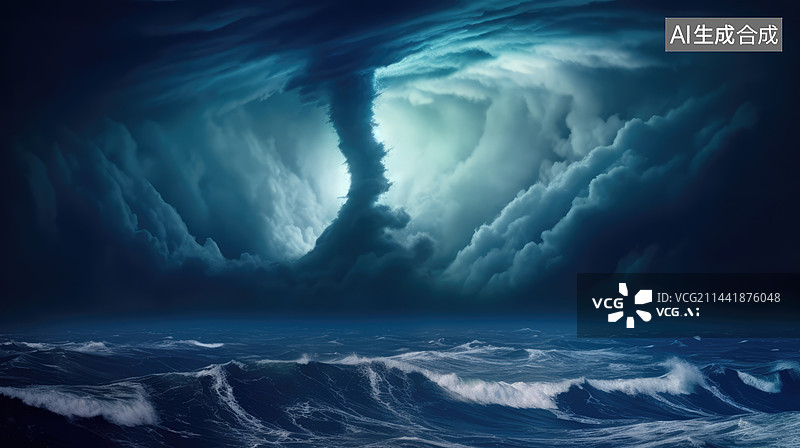【AI数字艺术】海中龙卷风,海洋上的巨大龙卷风旋风。图片素材