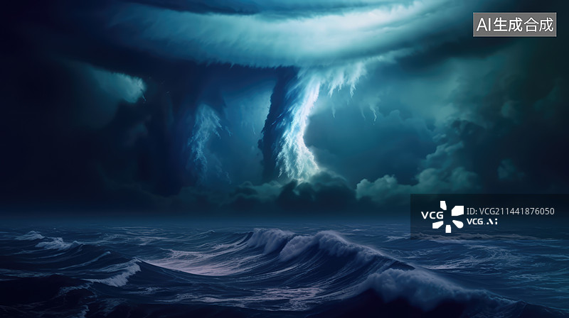 【AI数字艺术】海中龙卷风,海洋上的巨大龙卷风旋风。图片素材