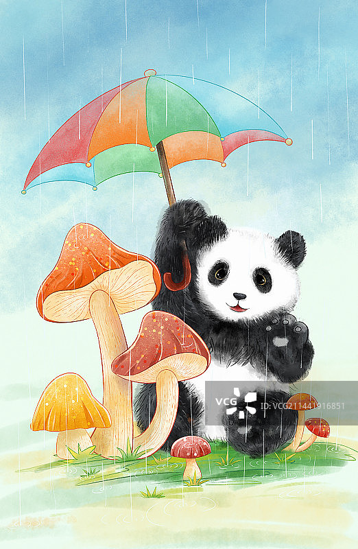 中国风成都大熊猫系列 -下雨天里给蘑菇打伞的大熊猫熊猫 二十四节气插画 台历插画图片素材