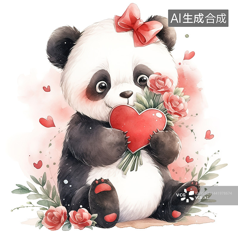 【AI数字艺术】可爱的大熊猫抱着一颗爱心插画图片素材