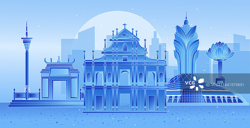 澳门蓝色科技未来企业地标旅游矢量插画建筑群图片素材
