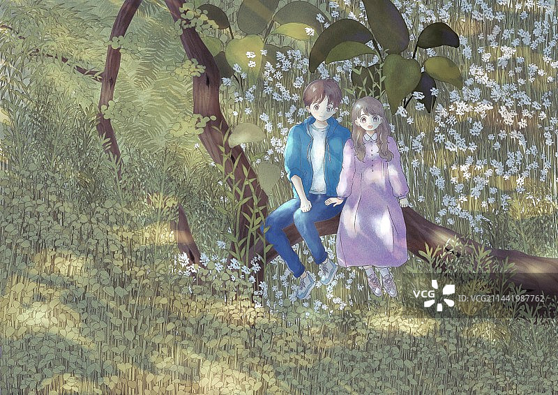 森林中可爱情侣插画图片素材