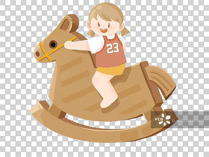 抱着木马玩耍的可爱女孩插画元素图片素材