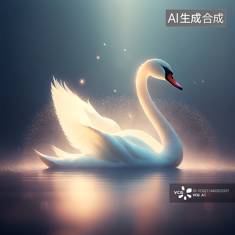 【AI数字艺术】白天鹅在天鹅湖浪漫情怀梦幻唯美丁达尔光效CG插画图片素材