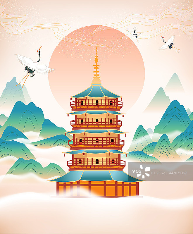 国潮杭州西湖雷峰塔青绿山水彩色插画图片素材