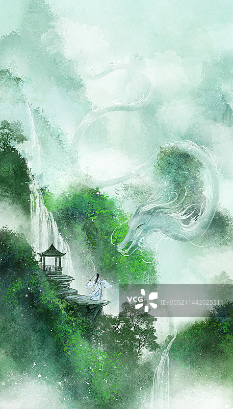 国风水墨插画青山龙隐图片素材