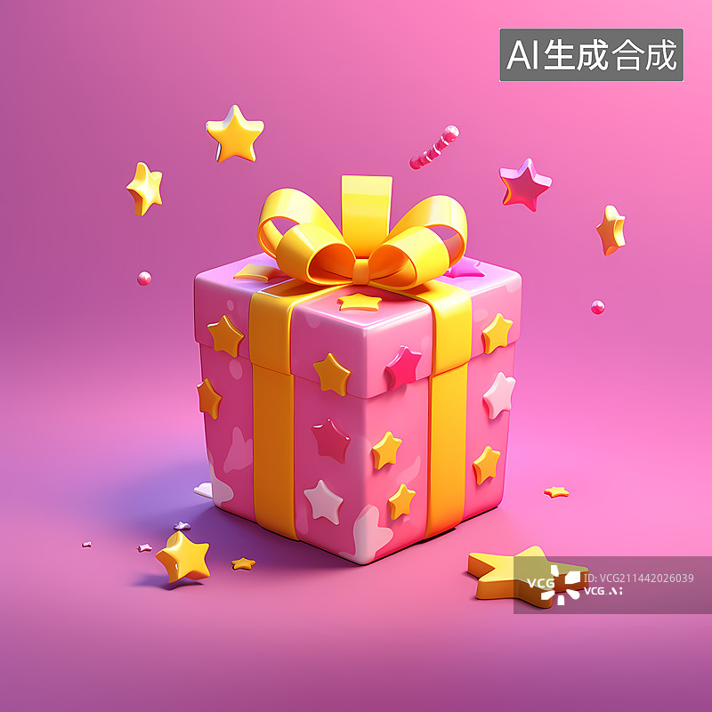 【AI数字艺术】C4D可爱星星包装纸粉色礼物盒黄色缎带图片素材