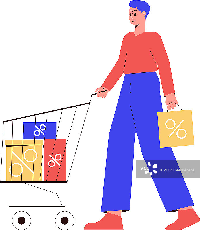 男人推着装满购物袋的购物车促销图片素材