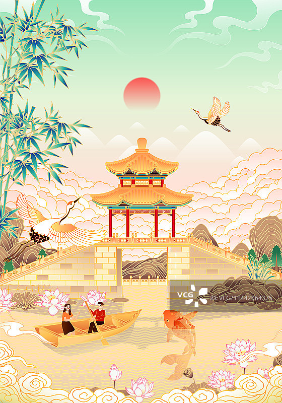 北京颐和园镜桥风景矢量插画图片素材