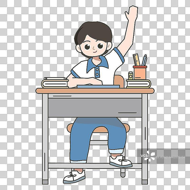 穿运动服的男孩在书桌前举手发言图片素材