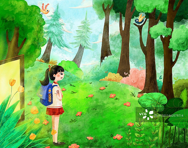 小女孩穿过任意门来到森林图片素材
