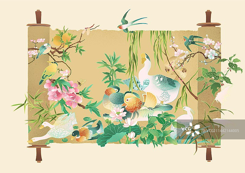 国风花鸟长卷插画图片素材