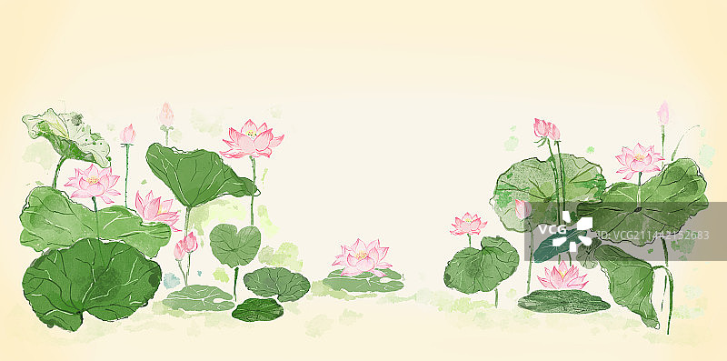 夏日荷花水彩手绘插画图片素材