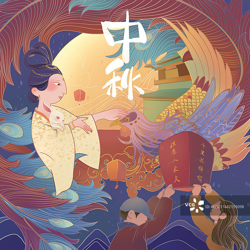 国潮描边扁平风中秋插画图片素材