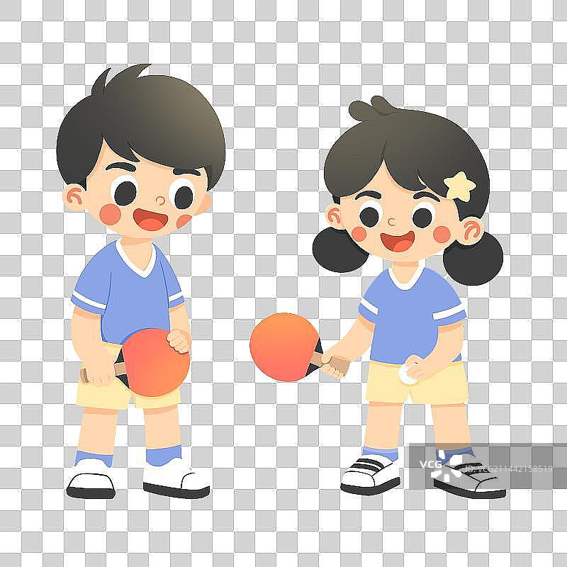 小学生体育课打乒乓球运动扁平插画图片素材