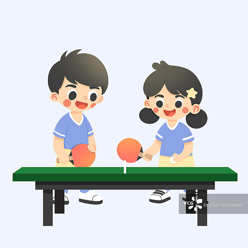 小学生体育课打乒乓球扁平插画图片素材