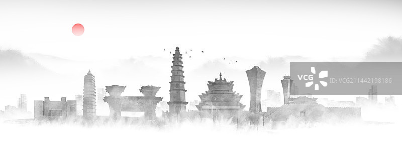 手绘城市建筑咸阳图片素材