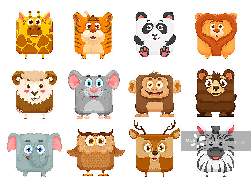 正方形动物头像可爱卡通动物园角色图片素材
