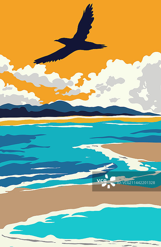 扁平风矢量插画风景装饰画海滩沙滩天空白云鸟色块图片素材