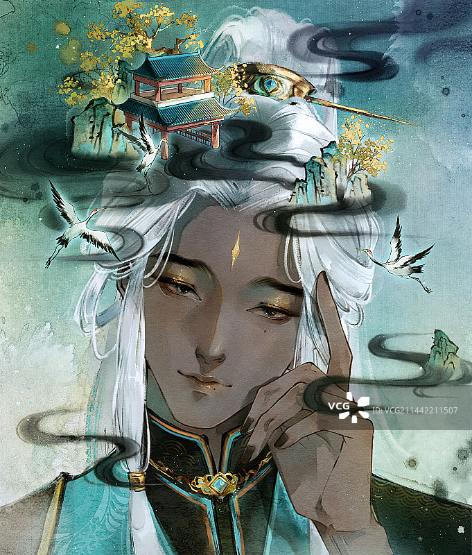 阁楼与仙鹤少年-中国风插画图片素材