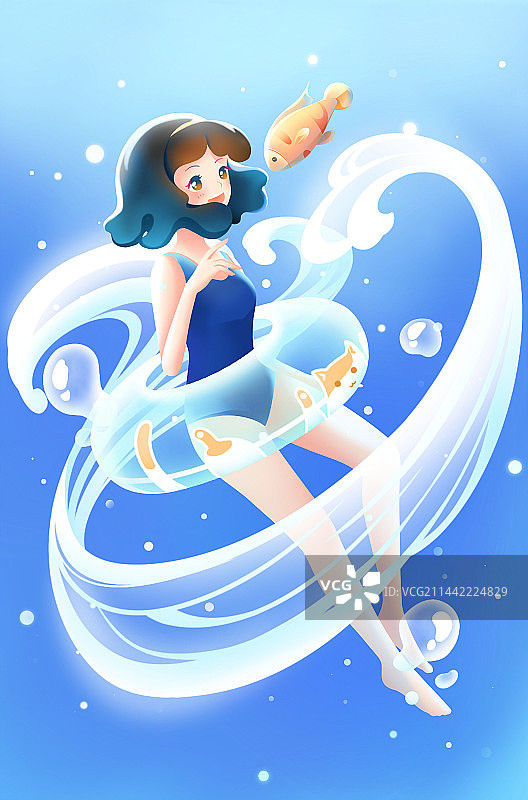 水中少女和鱼嬉戏，蓝色唯美清新夏季插画图片素材