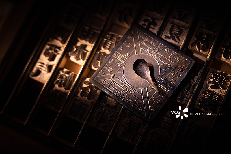 中国文化四大发明司南和活字印刷图片素材