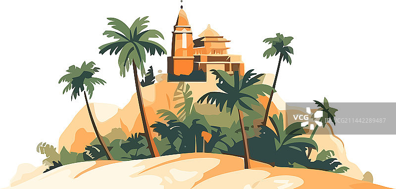 热带棕榈树、沙滩和村庄图片素材