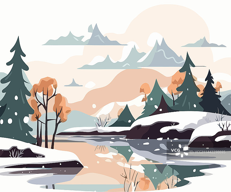 冬季自然风光树木与河流图片素材